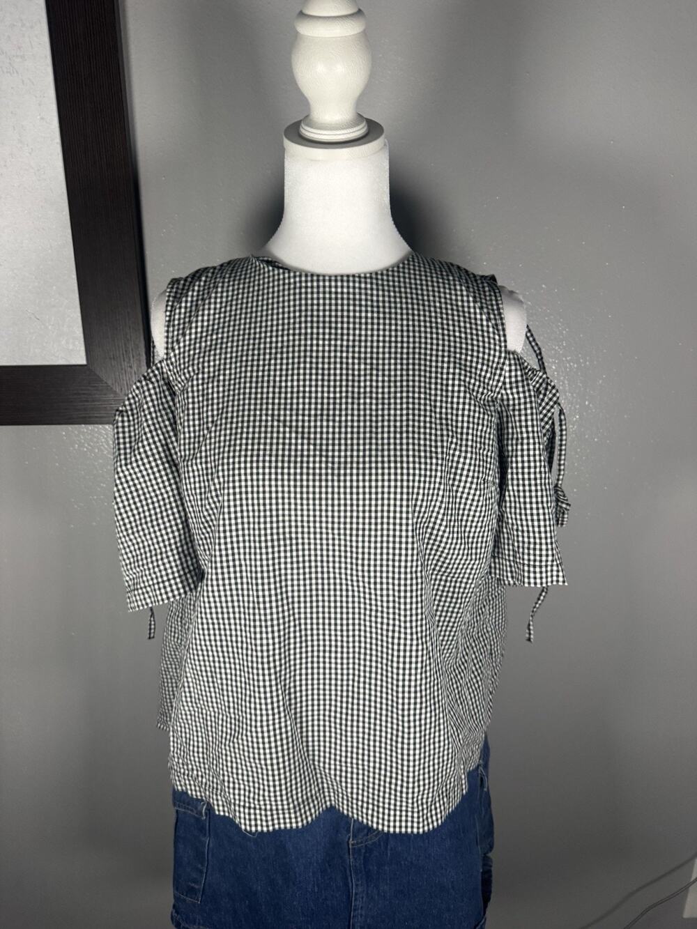 Topshop Tall Black White Gingham Cold Shoulder Blouse Top Size US 4